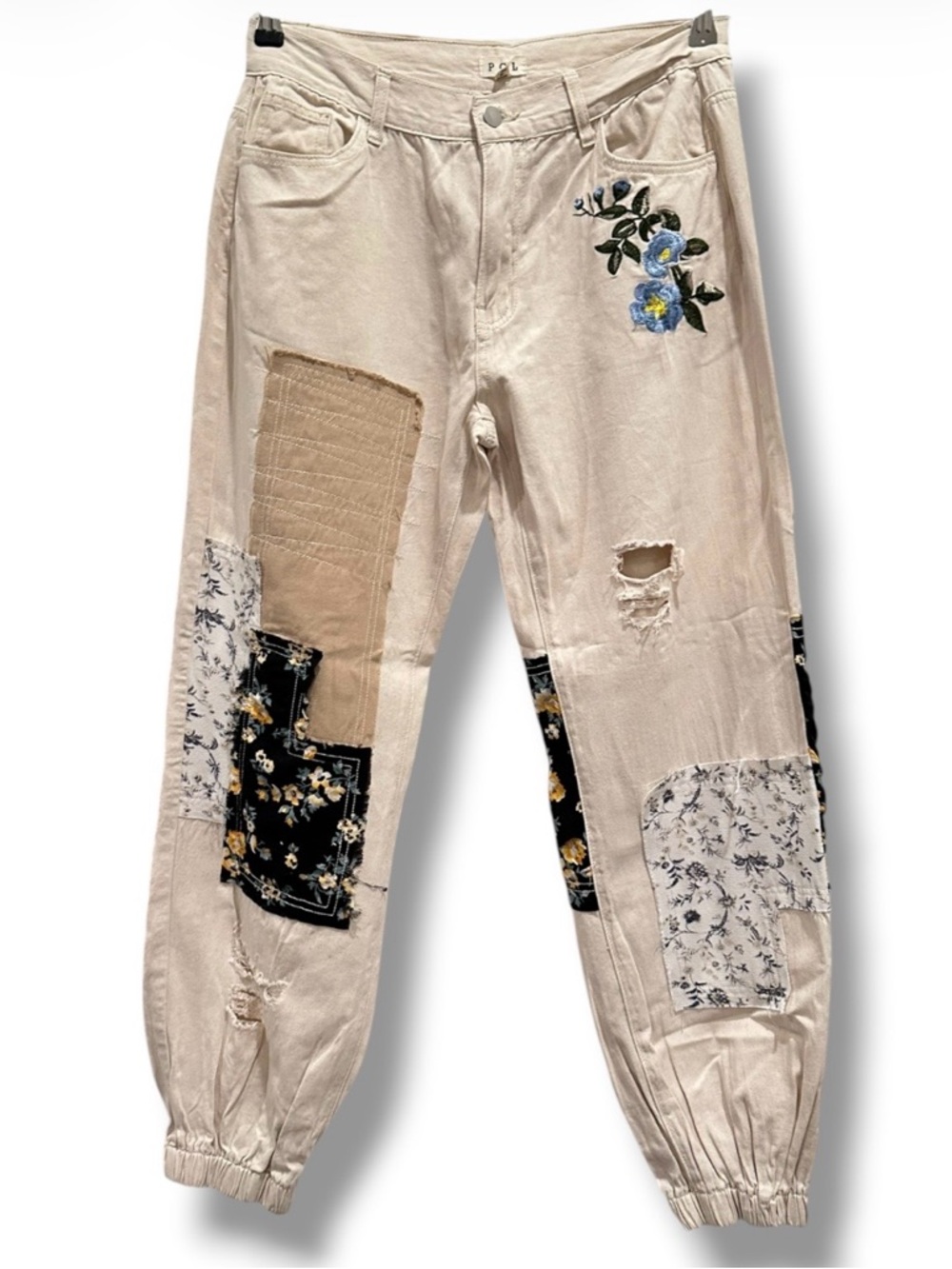 POL Patchwork Floral Jogger Pants Boho Distressed Embroidered Size M - Picture 2 of 11